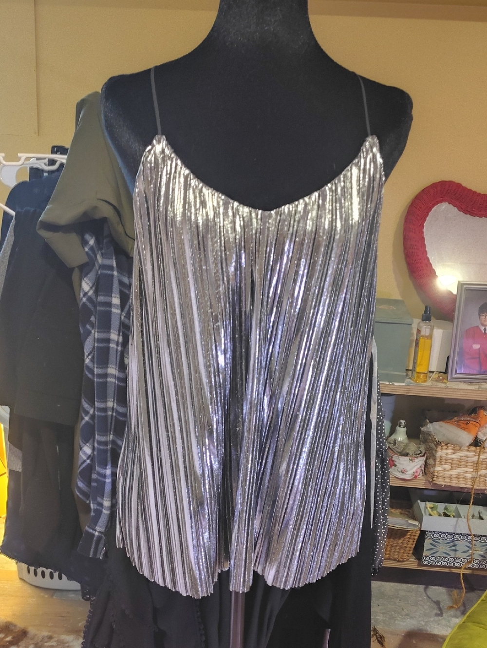 Express Silver Metallic Pleated Spaghetti-Strap Camisole